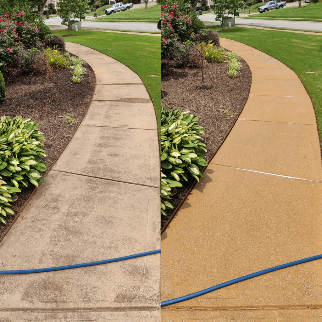 Before and after of a sidewalk cleaned with pressure washing